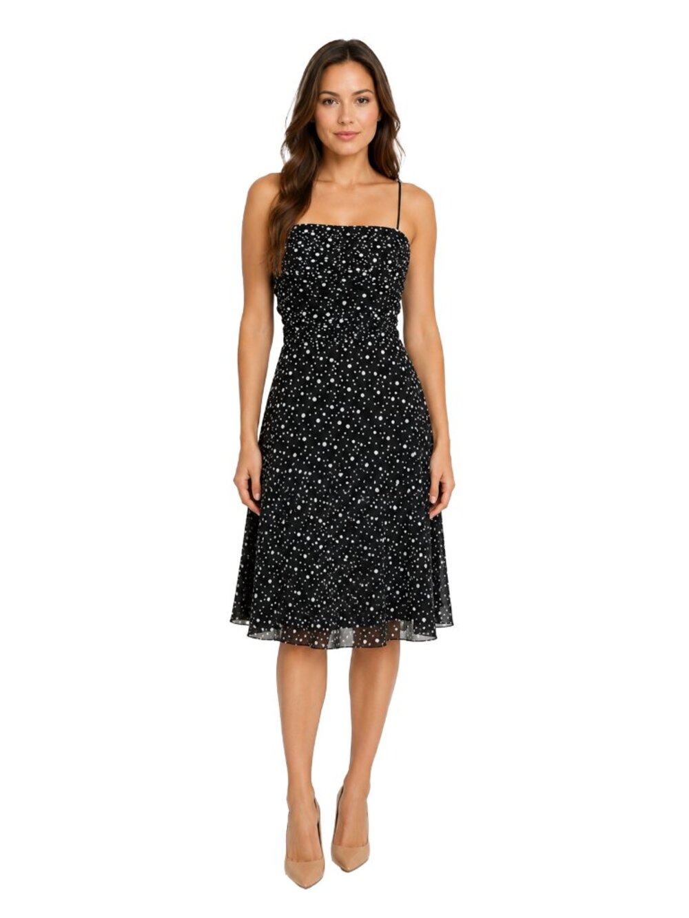 Jessica Howard 12P Spaghetti strap Polka Dot Midi Dress Ruched Petite
